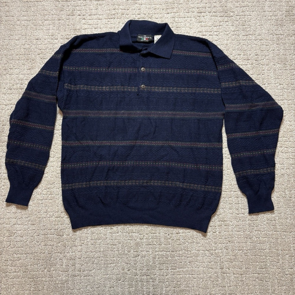 VTG The Italian Sweater Co Mens XL Blue Quarter Button Wool Blend Pullover 90s